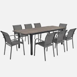 Set tavolo da giardino allungabile in alluminio effetto legno con 8 sedie