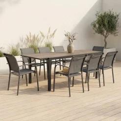 Set tavolo da giardino allungabile in alluminio effetto legno con 8 sedie