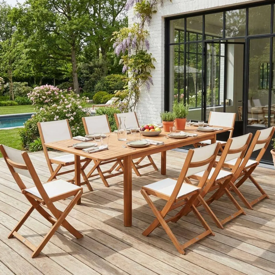 Set tavolo da giardino allungabile in legno di eucalipto con 8 sedie