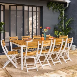 Set tavolo da giardino con angoli arrotondati in legno di acacia con 10 sedie