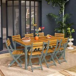 Set tavolo da giardino con angoli arrotondati in legno di acacia con 8 sedie