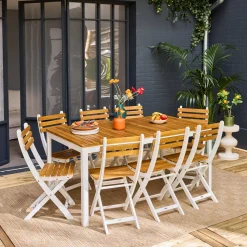 Set tavolo da giardino con angoli arrotondati in legno di acacia con 8 sedie