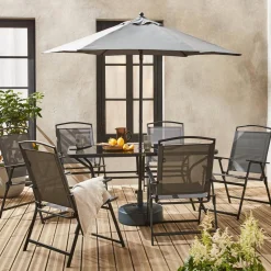 Set tavolo da giardino in acciaio con 6 poltrone e 1 ombrellone