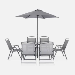 Set tavolo da giardino in acciaio con 6 poltrone e 1 ombrellone