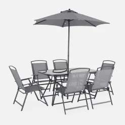 Set tavolo da giardino in acciaio con 6 poltrone e 1 ombrellone
