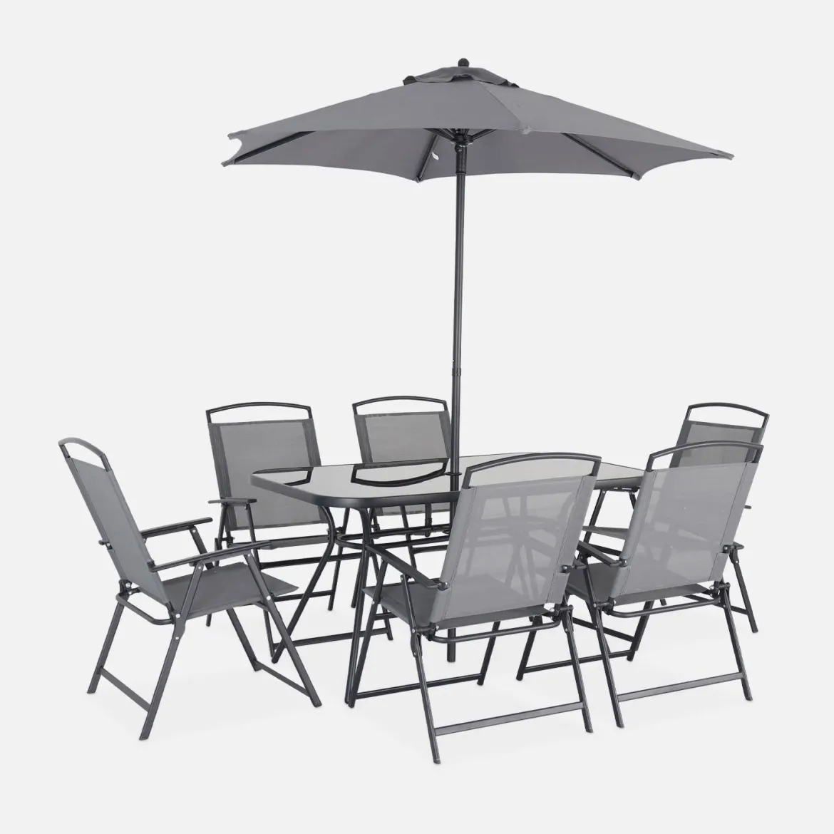 Set tavolo da giardino in acciaio con 6 poltrone e 1 ombrellone