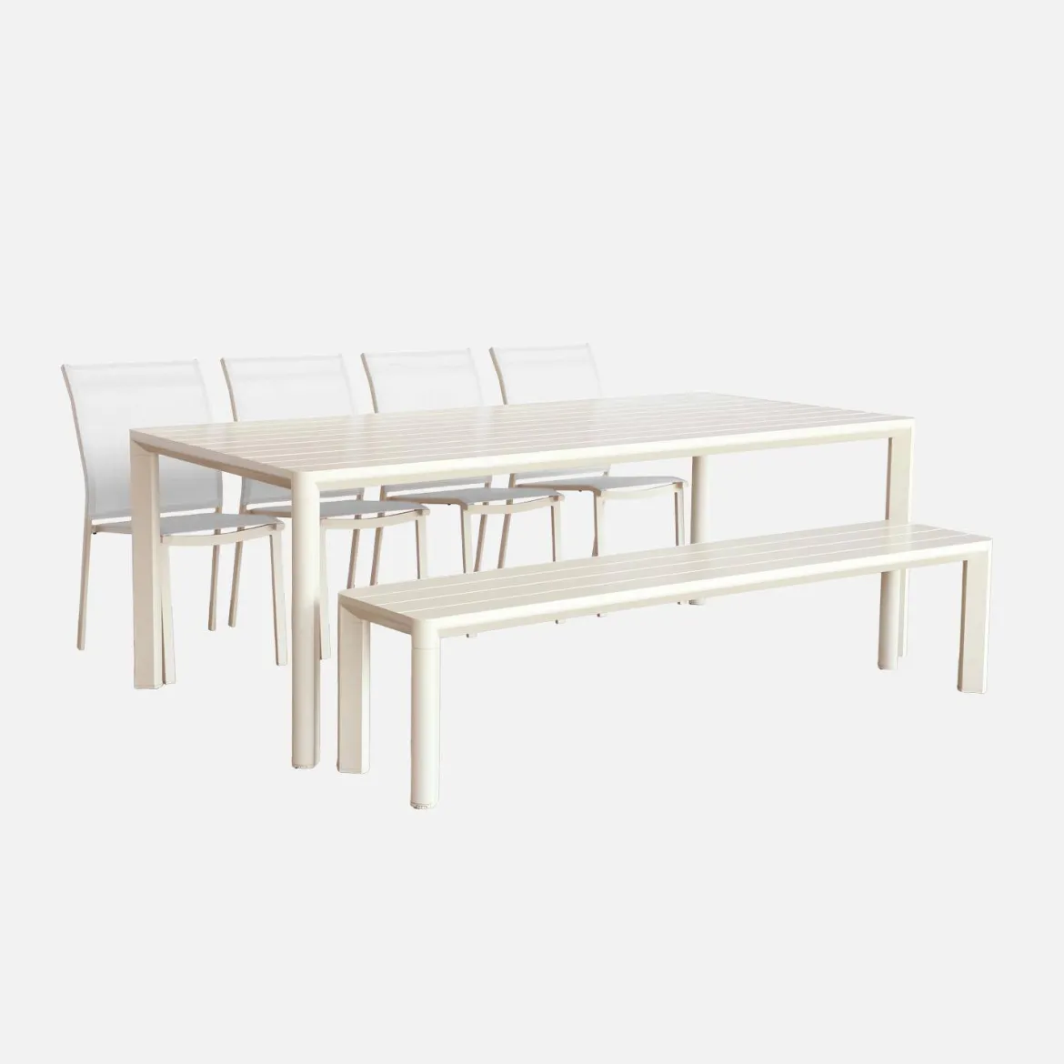 Set tavolo da giardino in alluminio e textilene con 1 panchina e 4 sedie