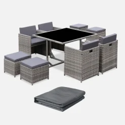 Set tavolo da giardino in resina con 8 poltrone + copertura di protezione