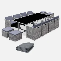 Set tavolo da giardino in resina con 12 poltrone + copertura di protezione