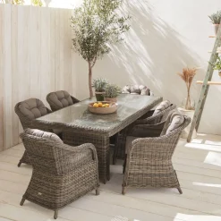 Set tavolo da giardino in resina arrotondata con 6 poltrone