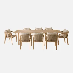 Set tavolo da giardino in legno di eucalipto e corde con 8 sedie