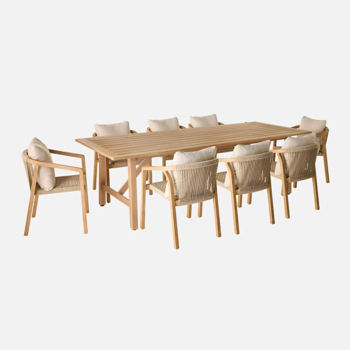 Set tavolo da giardino in legno di eucalipto e corde con 8 sedie