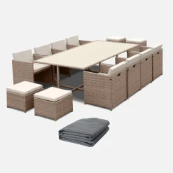 Set tavolo da giardino in resina con 12 poltrone + copertura di protezione