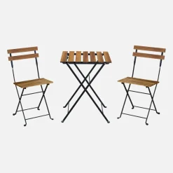Set tavolo da giardino in legno e metallo con 2 sedie pieghevoli