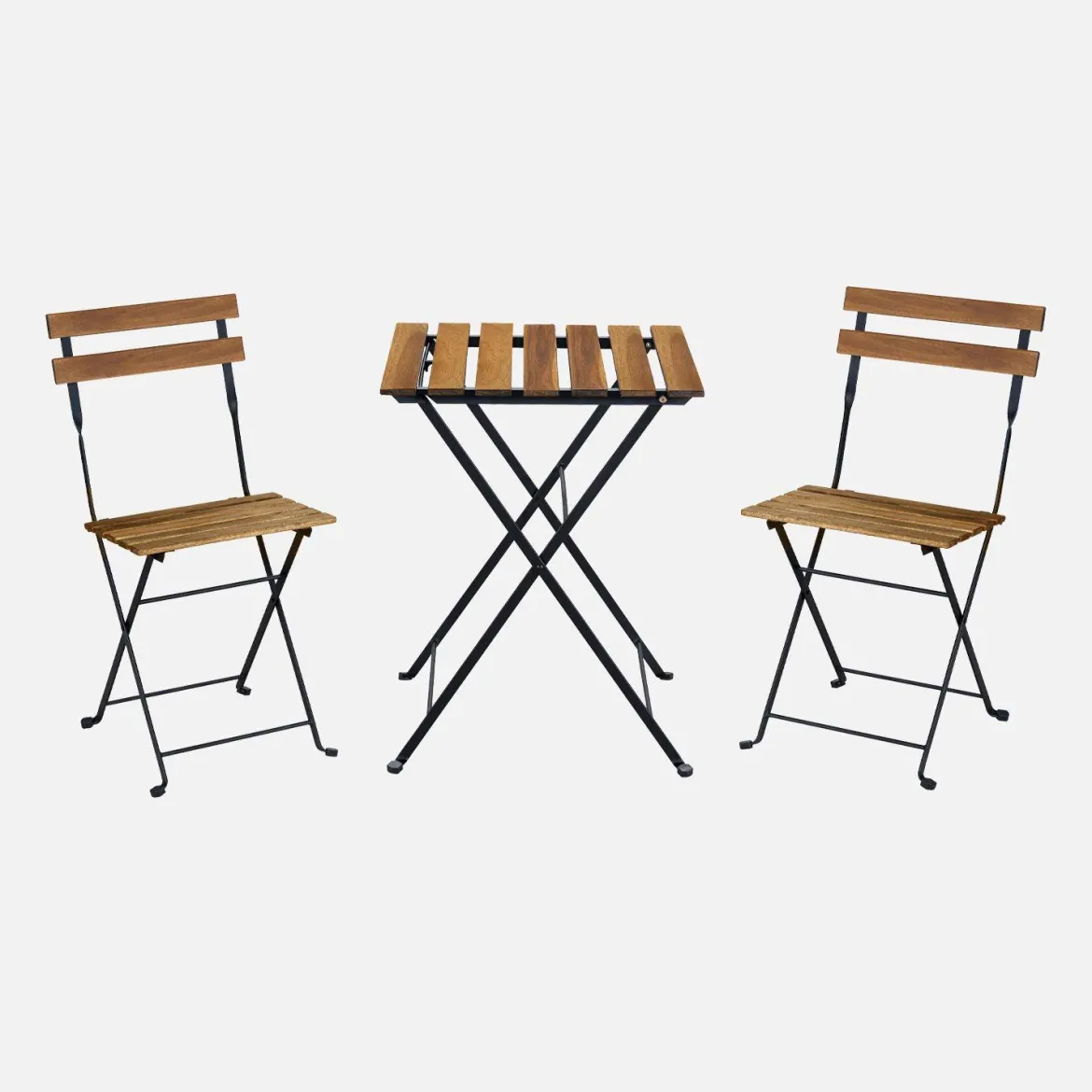 Set tavolo da giardino in legno e metallo con 2 sedie pieghevoli