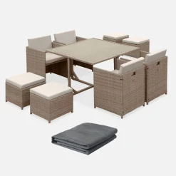 Set tavolo da giardino in resina con 8 poltrone + copertura di protezione