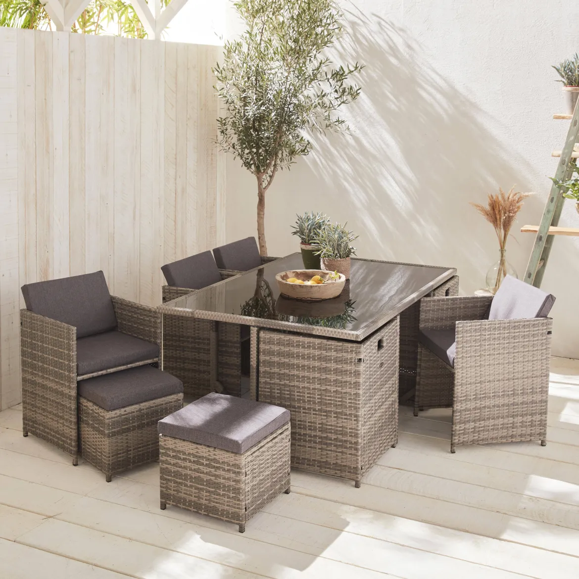 Set tavolo da giardino in resina intrecciata con 6-10 posti