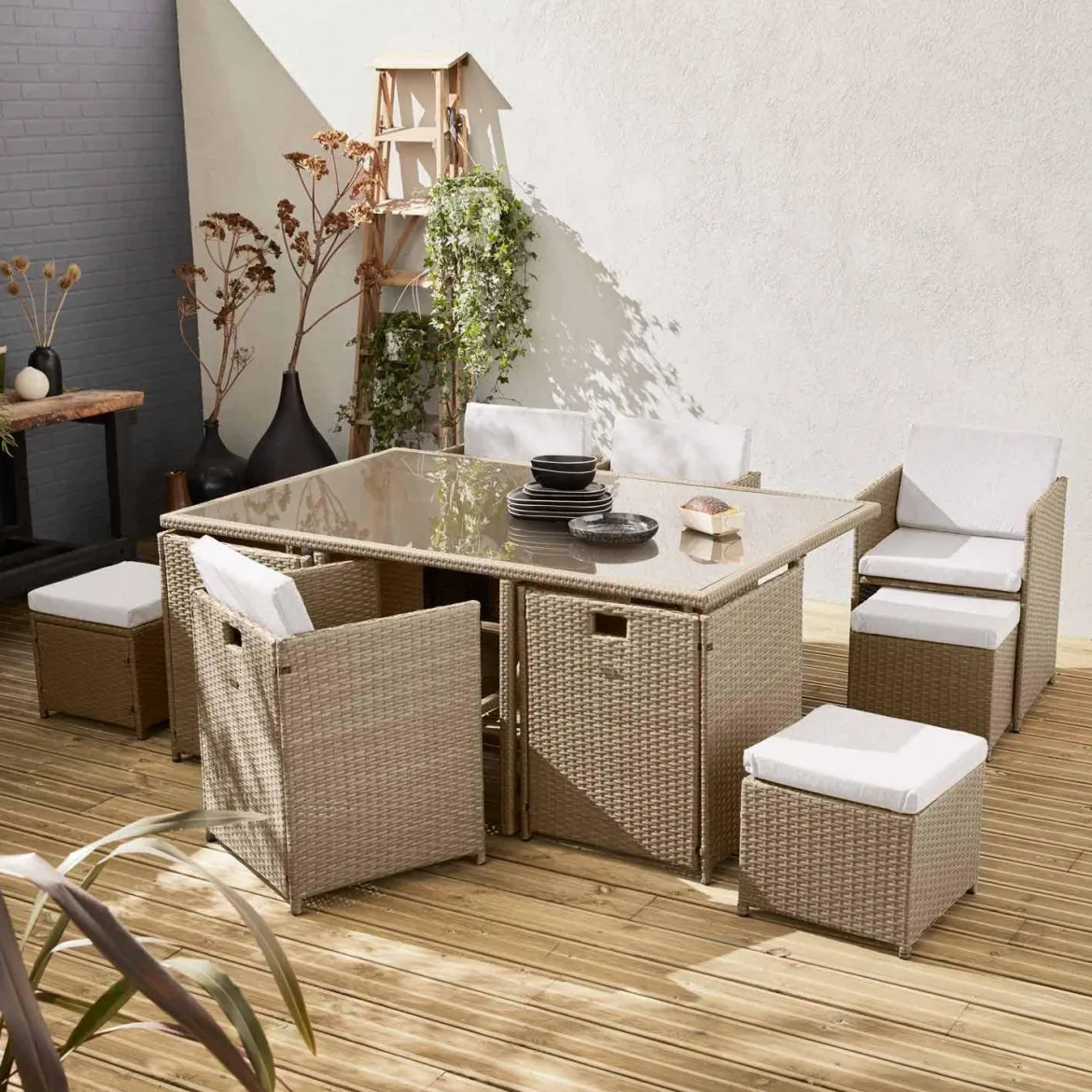 Set tavolo da giardino in resina intrecciata con 6-10 posti