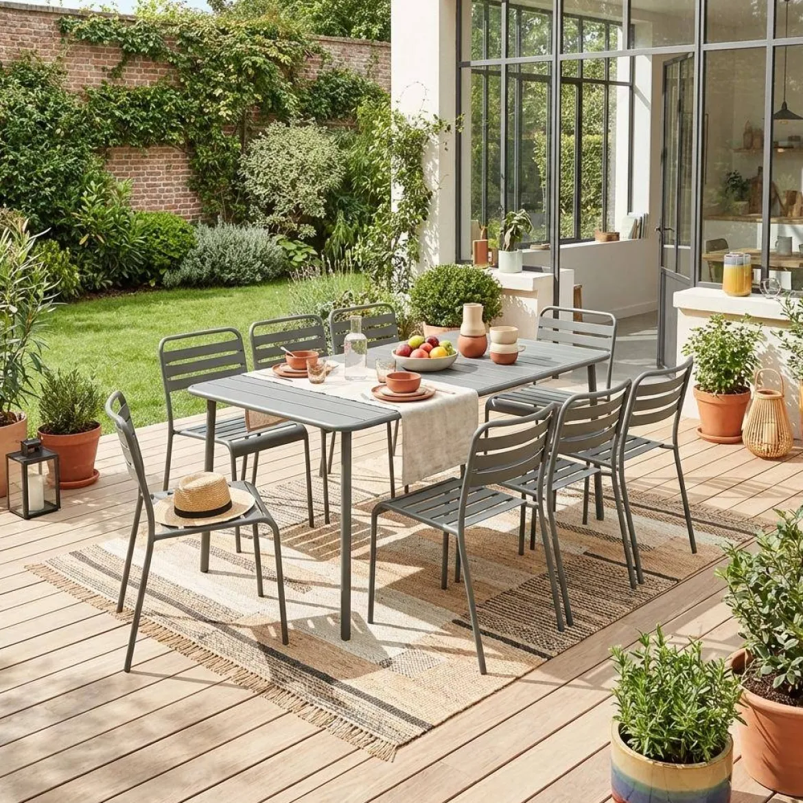 Set tavolo da giardino in acciaio con 8 sedie, 160cm