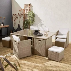 Set tavolo da giardino in resina con 10 poltrone + copertura protettiva