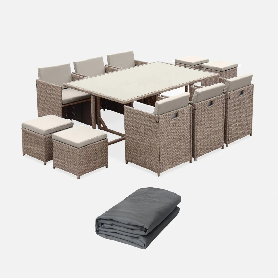 Set tavolo da giardino in resina con 10 poltrone + copertura protettiva
