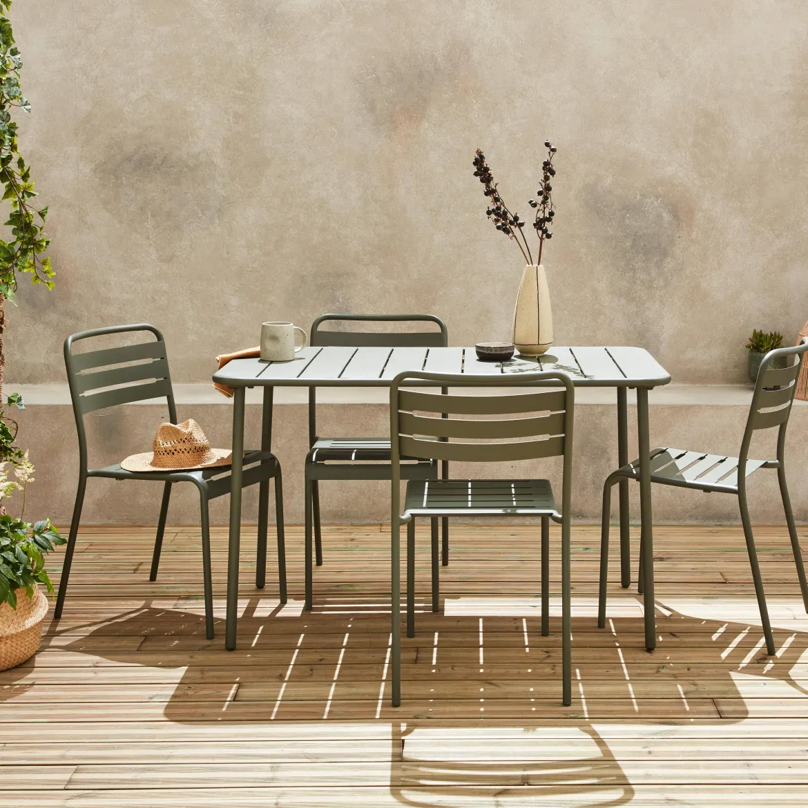 Set tavolo da giardino in acciaio con 4 sedie, 120cm