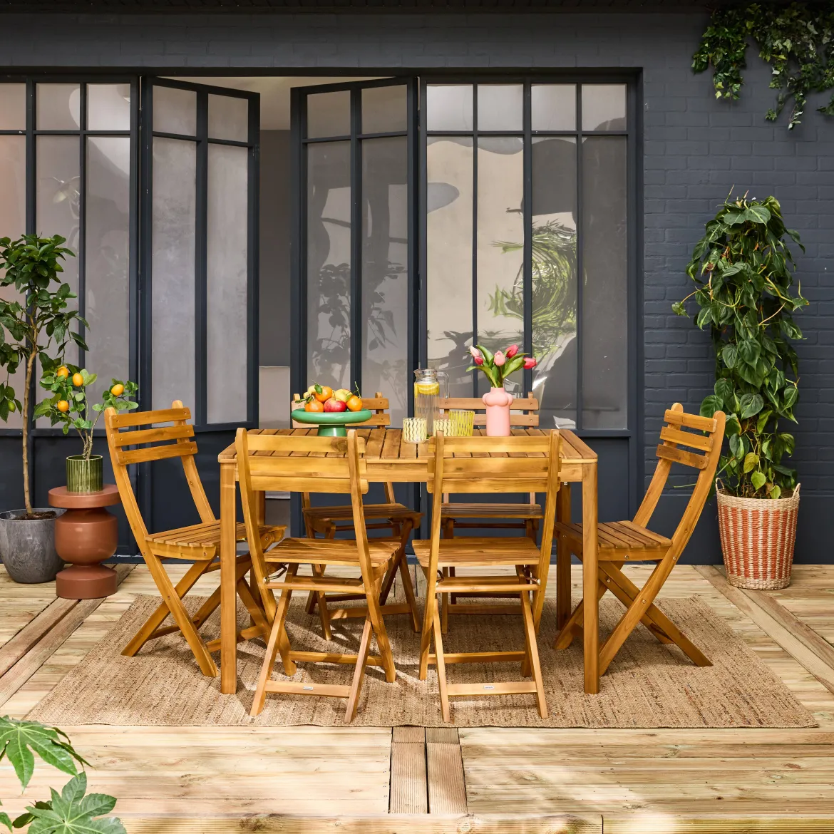 Set tavolo da giardino in acacia con angoli arrotondati con 6 sedie