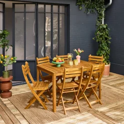 Set tavolo da giardino in acacia con angoli arrotondati con 6 sedie
