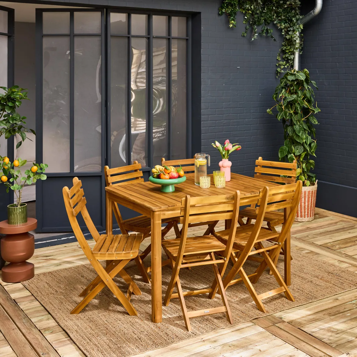 Set tavolo da giardino in acacia con angoli arrotondati con 6 sedie