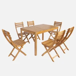 Set tavolo da giardino in acacia con angoli arrotondati con 6 sedie