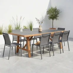 Set tavolo da giardino in legno di hevea e alluminio con 8 sedie