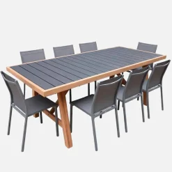 Set tavolo da giardino in legno di hevea e alluminio con 8 sedie
