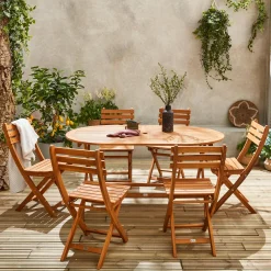 Set tavolo da giardino ovale in legno con 6 sedie