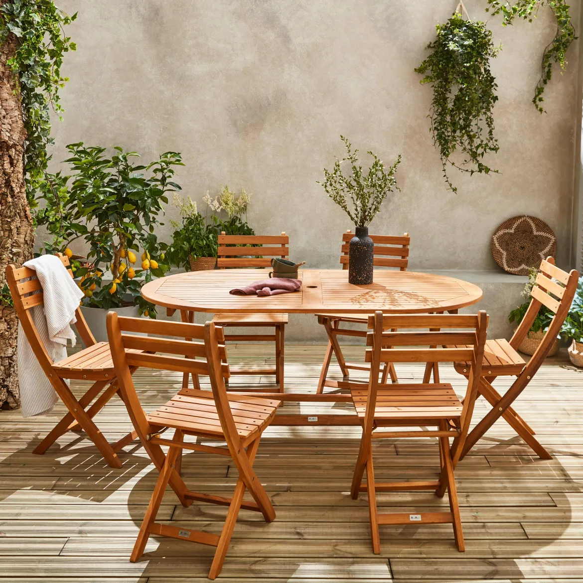 Set tavolo da giardino ovale in legno con 6 sedie