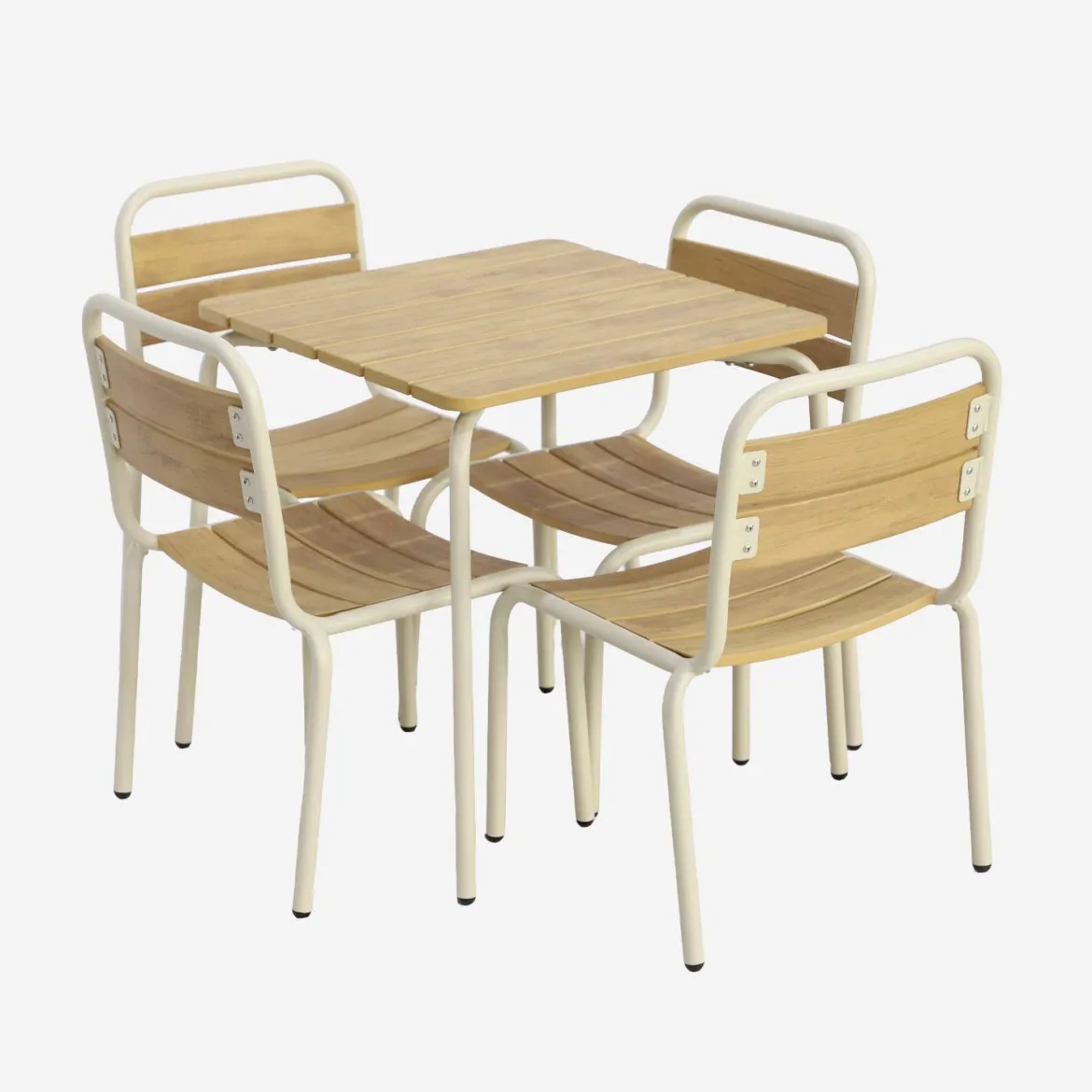 Set tavolo da giardino per bambini in acciaio e decorazione in legno con 4 sedie