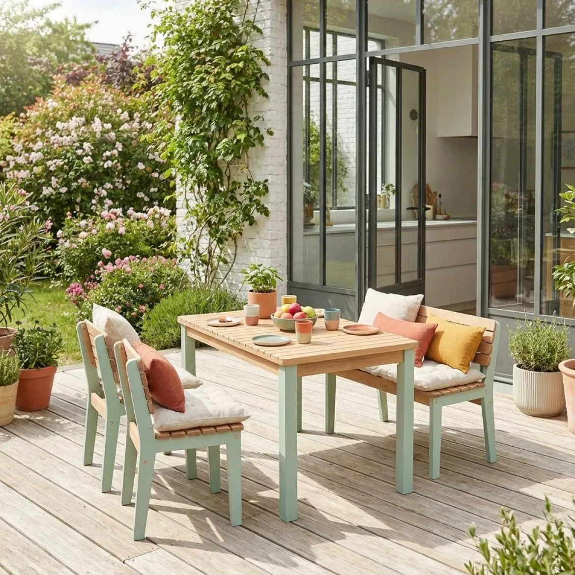Set tavolo da giardino per bambini in legno, 4 sedie