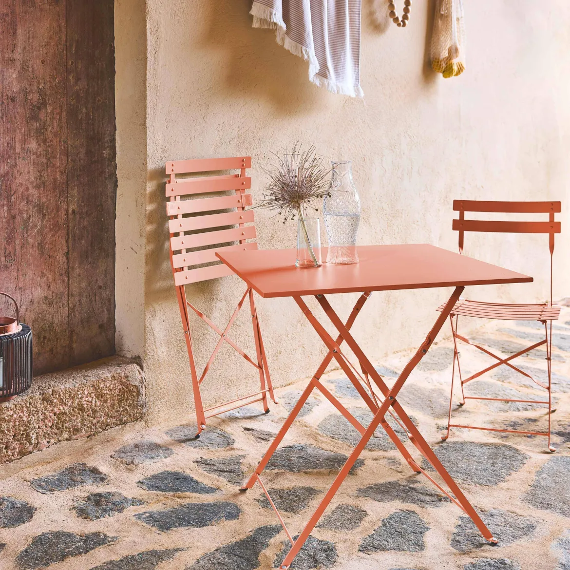 Set tavolo da giardino pieghevole in acciaio con 2 sedie, 70cm
