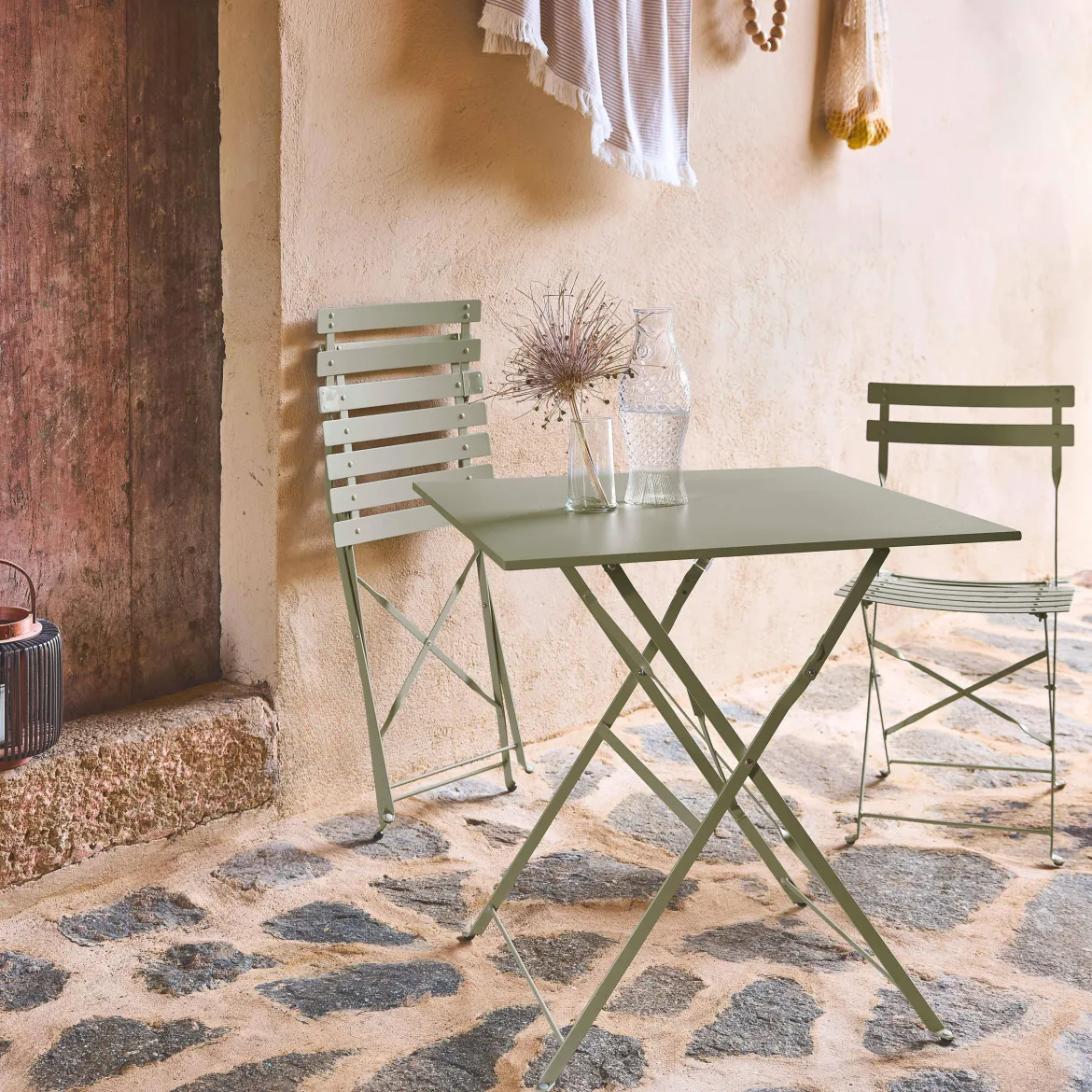 Set tavolo da giardino pieghevole in acciaio con 2 sedie, 70cm