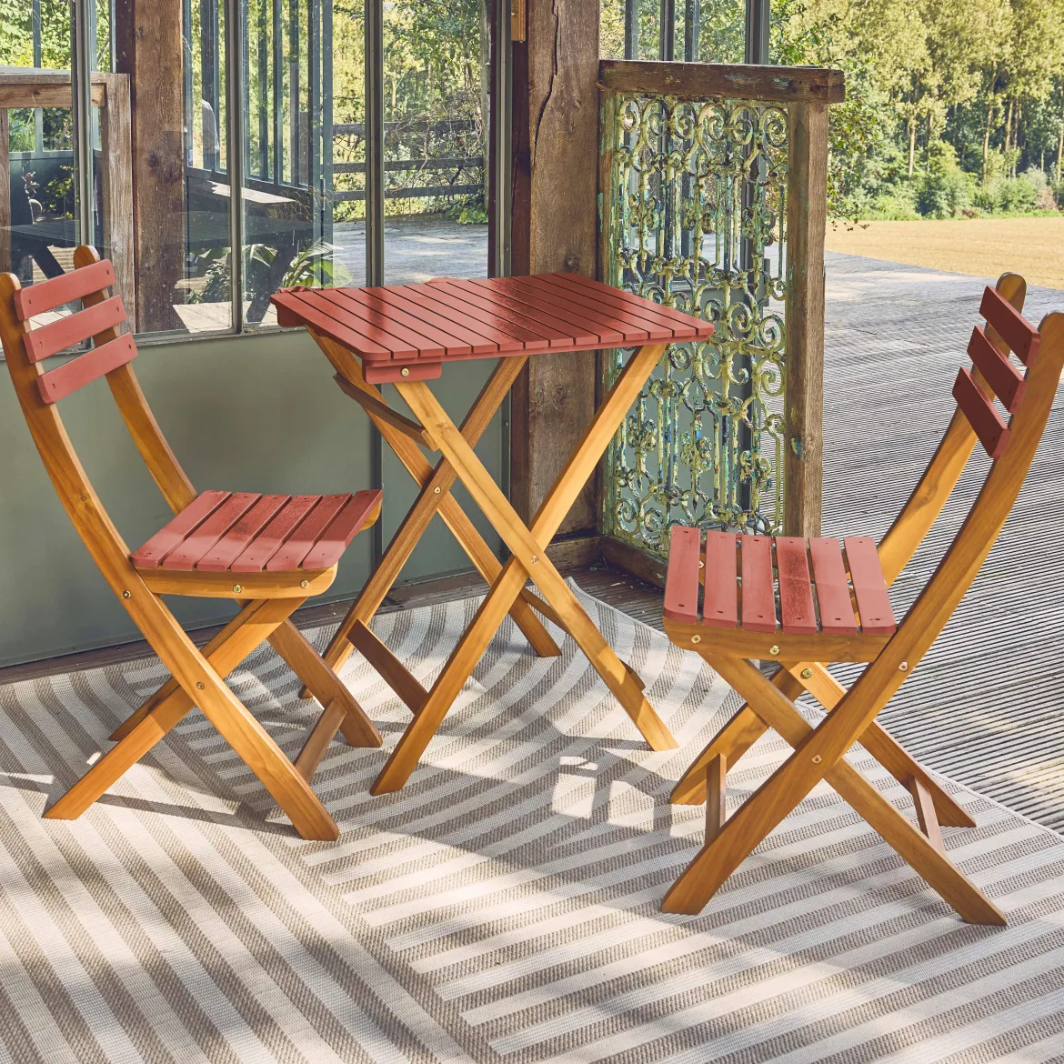 Set tavolo da giardino pieghevole in legno di acacia con 2 sedie