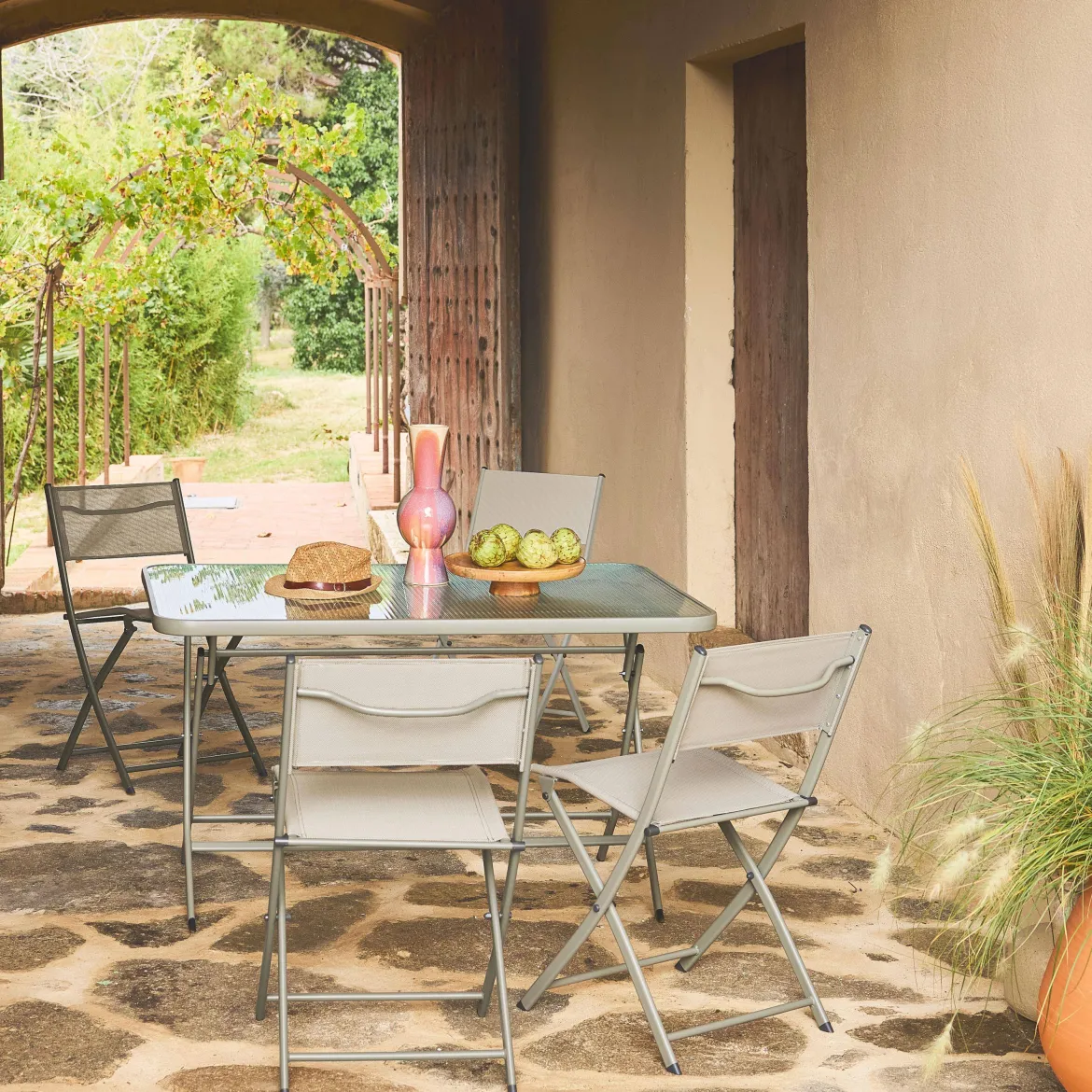 Set tavolo da giardino pieghevole in acciaio con 4 sedie