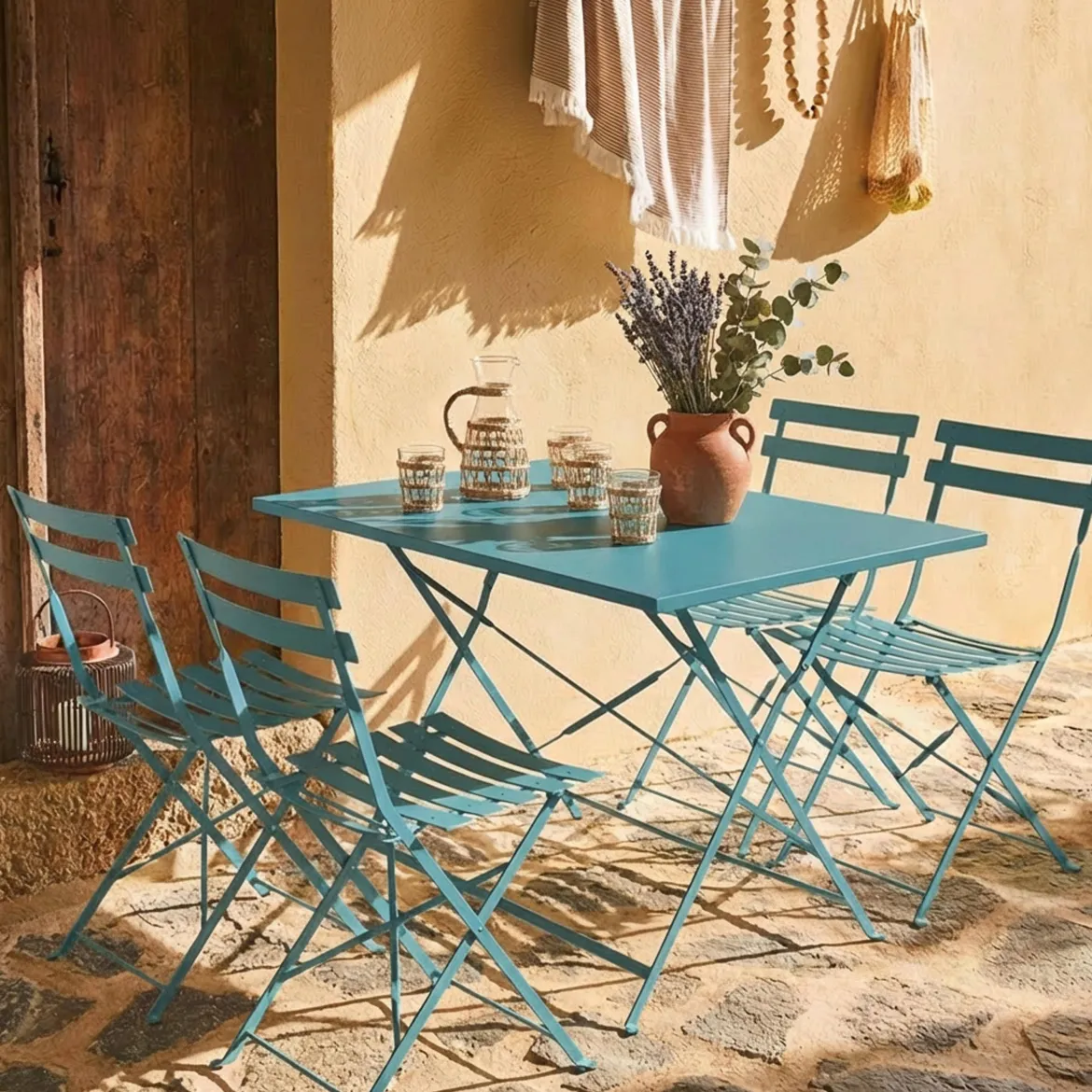 Set tavolo da giardino pieghevole in acciaio con 4 sedie, 110cm