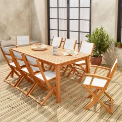 Set tavolo da giardino rettangolare allungabile in legno con 8 sedie