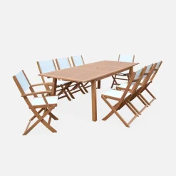 Set tavolo da giardino rettangolare allungabile in legno con 8 sedie