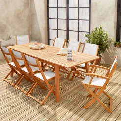 Set tavolo da giardino rettangolare allungabile in legno con 8 sedie