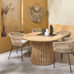 Set tavolo da pranzo rotondo in legno con 4 poltrone in corda