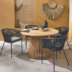 Set tavolo da pranzo rotondo in legno con 4 poltrone in corda