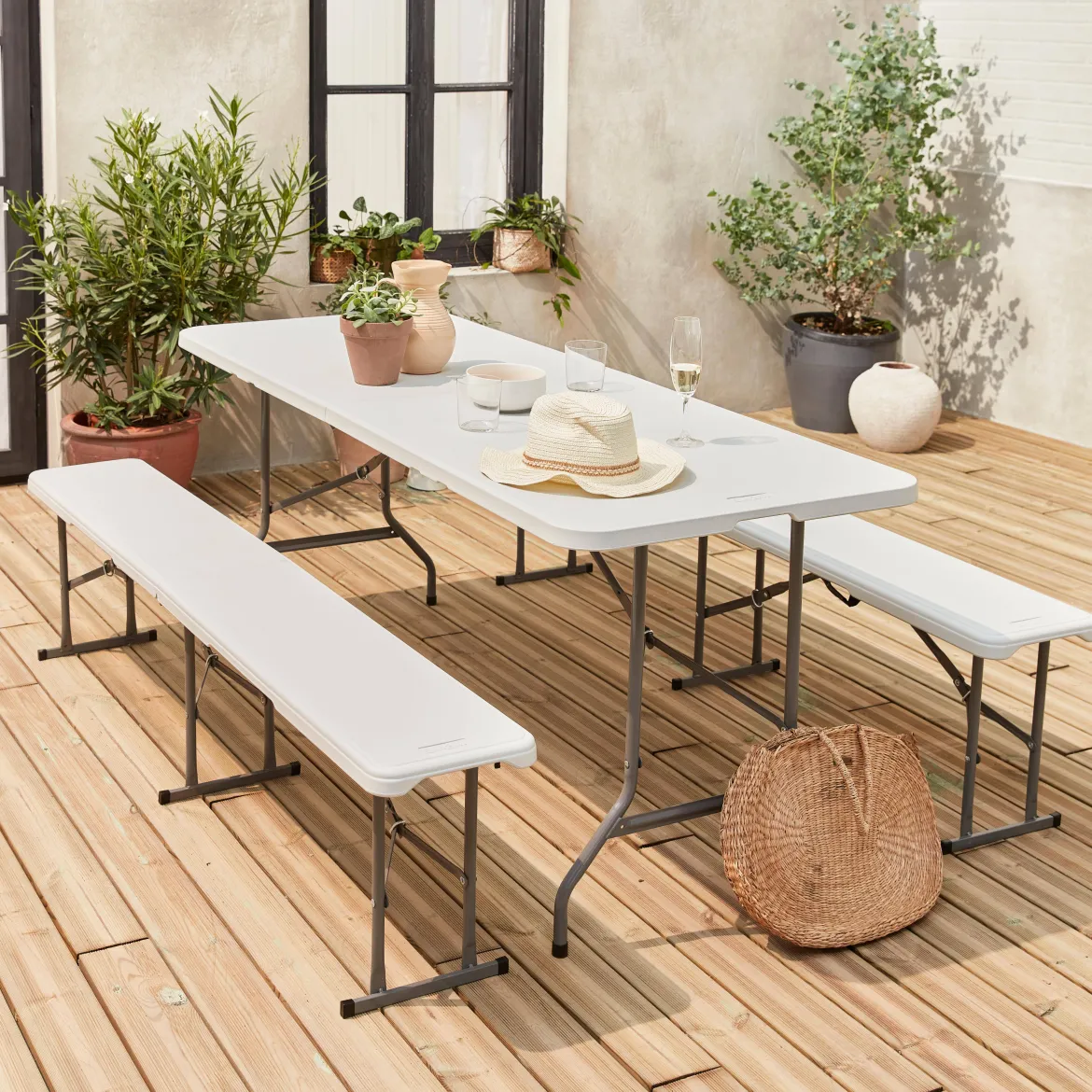 Set tavolo pieghevole per eventi con 2 panche in plastica