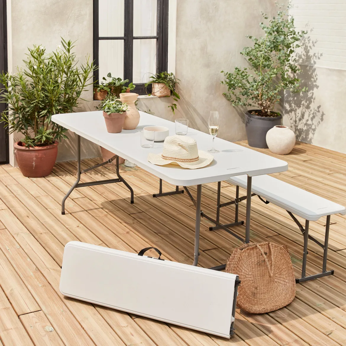 Set tavolo pieghevole per eventi con 2 panche in plastica