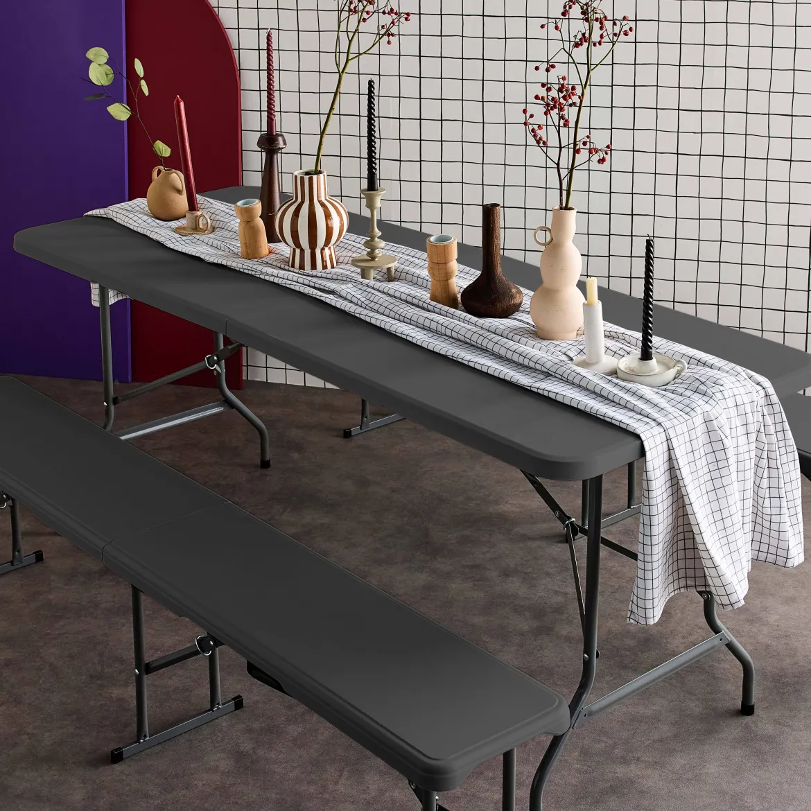 Set tavolo pieghevole per eventi con 2 panche in plastica