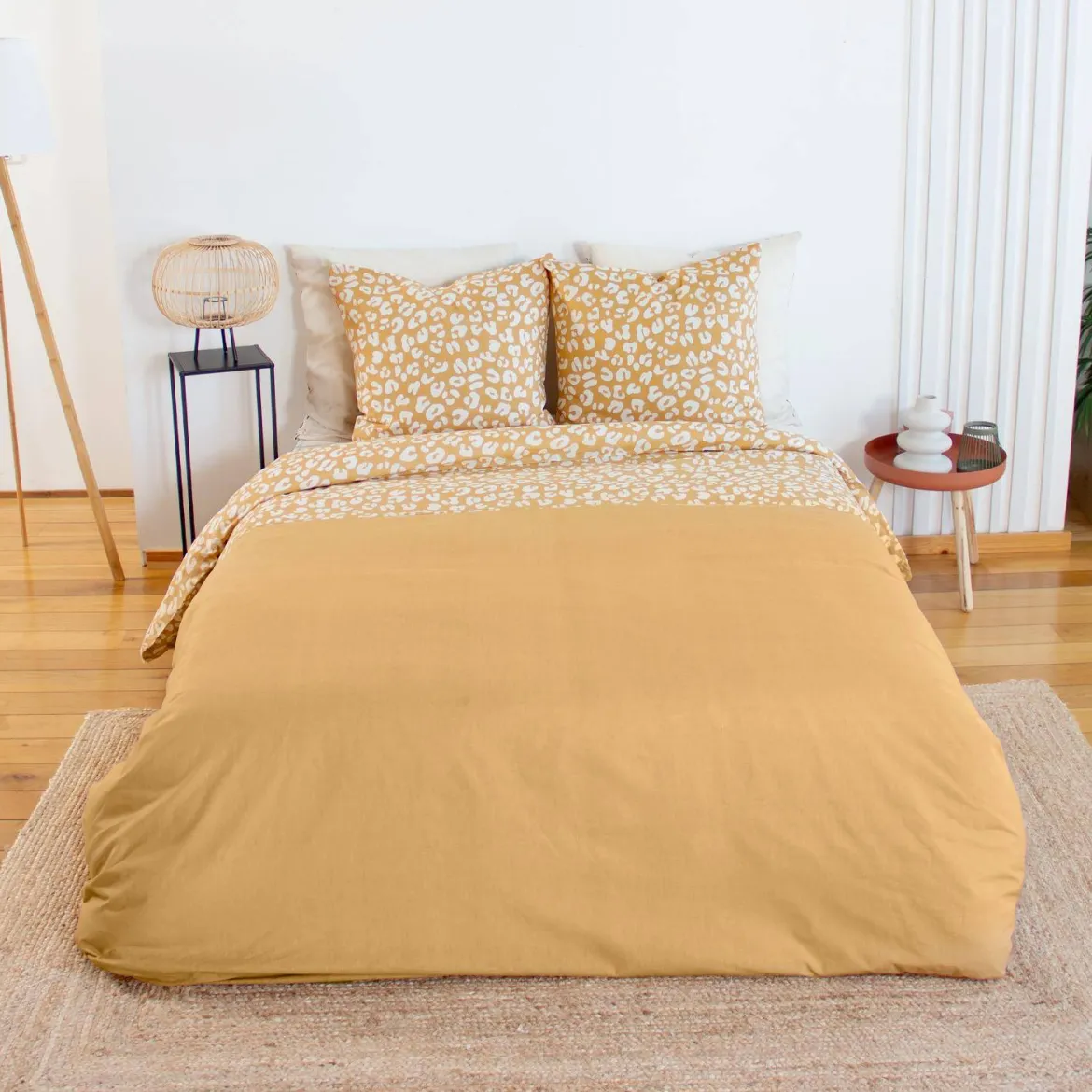 Set biancheria da letto in cotone reversibile con stampa leopardata gialla, 2 posti